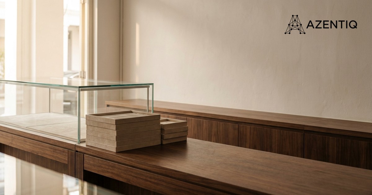 An empty jewellery shop counter before opening, its glass display case bare with the velvet trays lifted out and stacked beside it