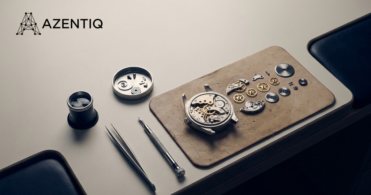 A watchmaker's bench with a movement partly disassembled, its parts laid out in order beside a loupe and tweezers