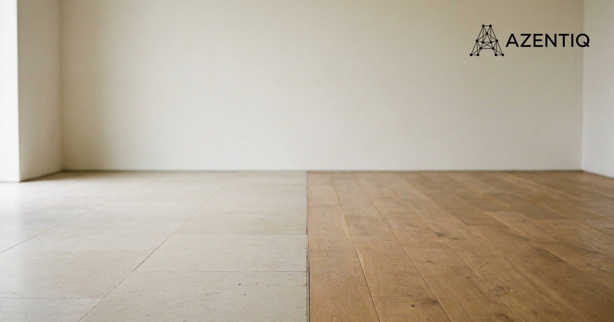 An empty room where a pale stone floor meets a warm timber floor in a straight line, beneath a plain pale wall