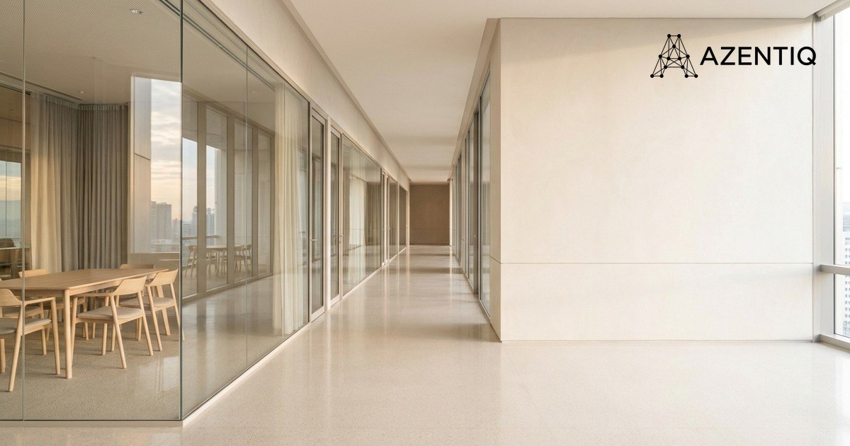 A corridor of empty glass-walled meeting rooms in a Singapore office tower before the working day, soft reflections in the partitions