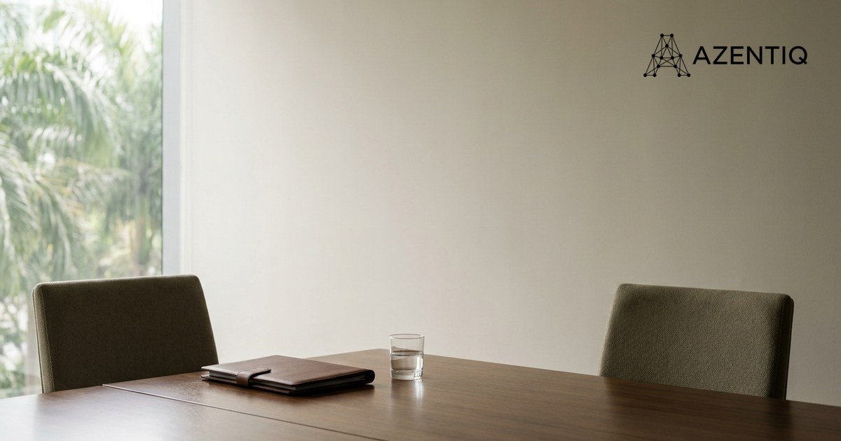 An empty meeting room set for two: a closed leather folder and a glass of water on a dark wood table, chairs facing each other, daylight from a window