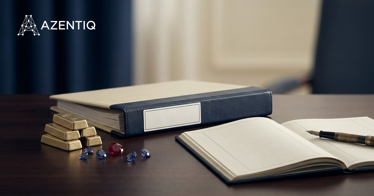 Gold bars, loose gemstones and a ledger on a dealer's desk