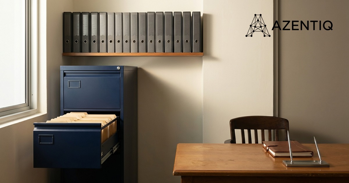 An orderly back office: a navy filing cabinet with one drawer of files open, a row of binders on a wall shelf, and a clear desk by a window