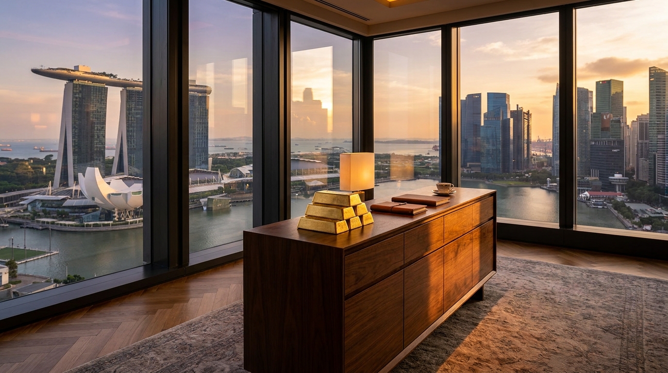 Singapore skyline at dusk, financial district, abstract editorial illustration in forest green and warm off-white